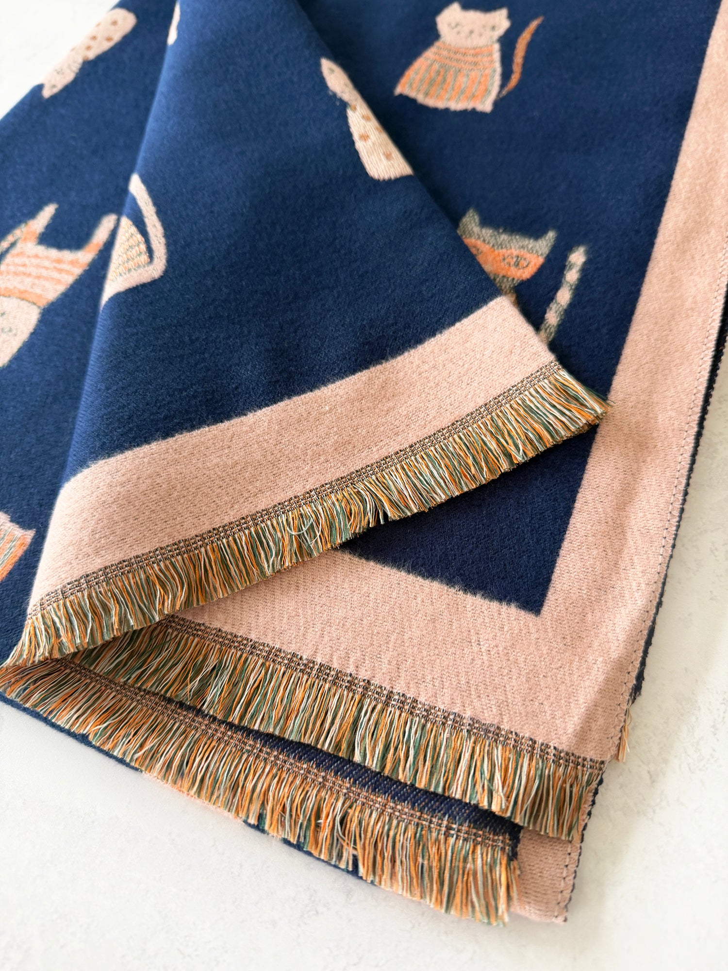 LARGE CASHMERE NAVY CAT PRINT REVERSIBLE WINTER SHAWL BLANKET SCARF