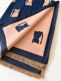 LARGE CASHMERE NAVY CAT PRINT REVERSIBLE WINTER SHAWL BLANKET SCARF