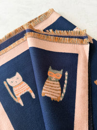 LARGE CASHMERE NAVY CAT PRINT REVERSIBLE WINTER SHAWL BLANKET SCARF