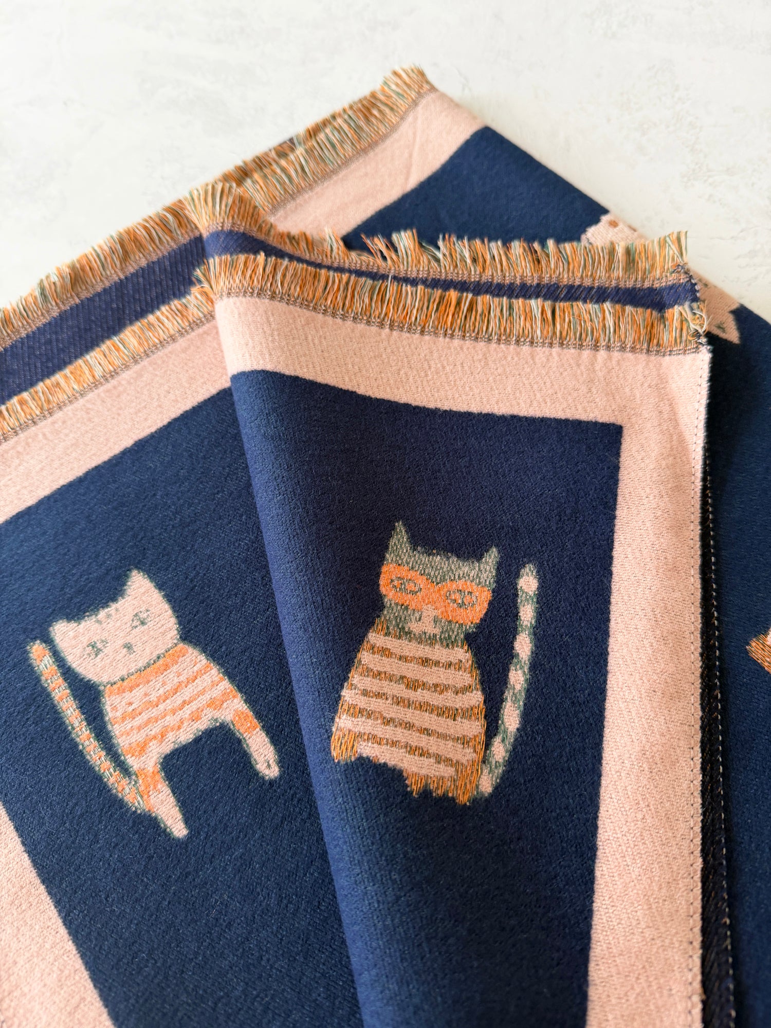 LARGE CASHMERE NAVY CAT PRINT REVERSIBLE WINTER SHAWL BLANKET SCARF
