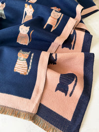 LARGE CASHMERE NAVY CAT PRINT REVERSIBLE WINTER SHAWL BLANKET SCARF