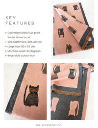 LARGE CASHMERE PINK/GREY CAT PRINT REVERSIBLE WINTER SHAWL BLANKET SCARF