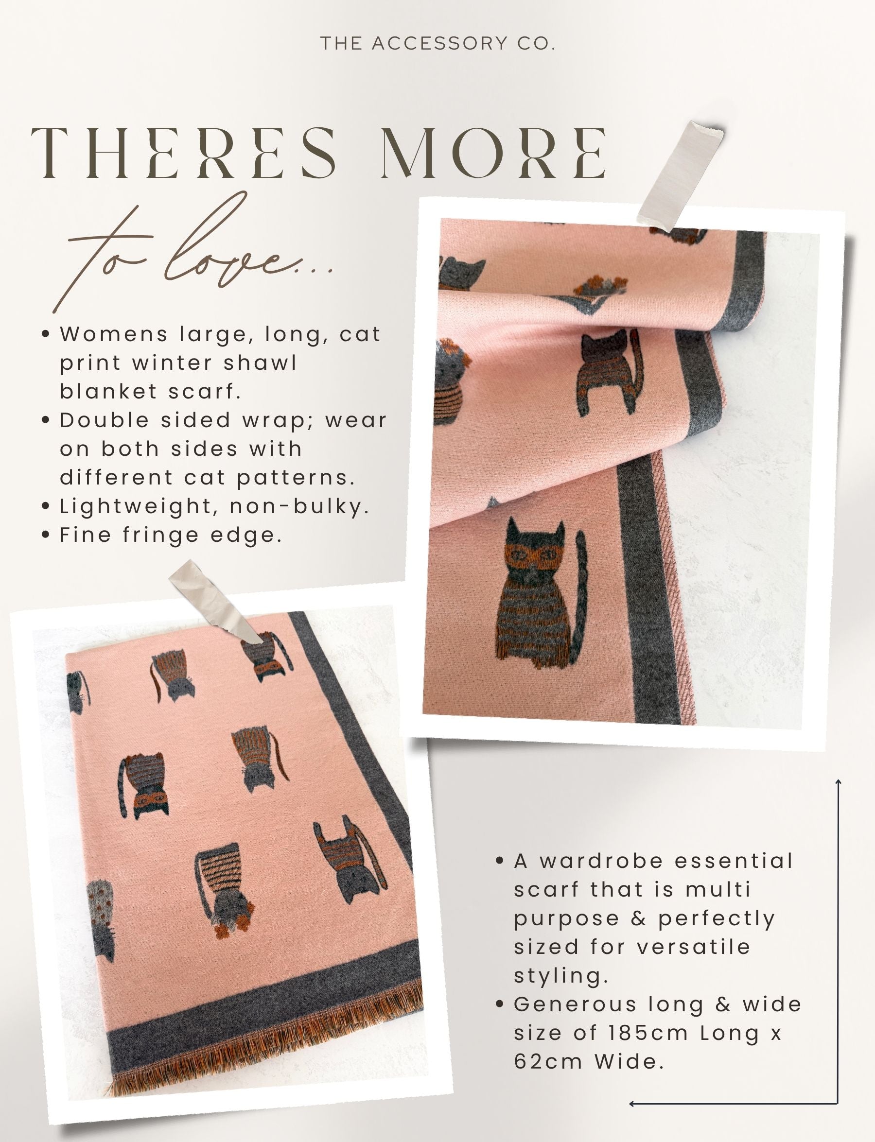 LARGE CASHMERE PINK/GREY CAT PRINT REVERSIBLE WINTER SHAWL BLANKET SCARF