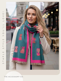 LARGE CASHMERE TEAL CAT PRINT REVERSIBLE WINTER SHAWL BLANKET SCARF