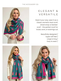 LARGE CASHMERE TEAL CAT PRINT REVERSIBLE WINTER SHAWL BLANKET SCARF