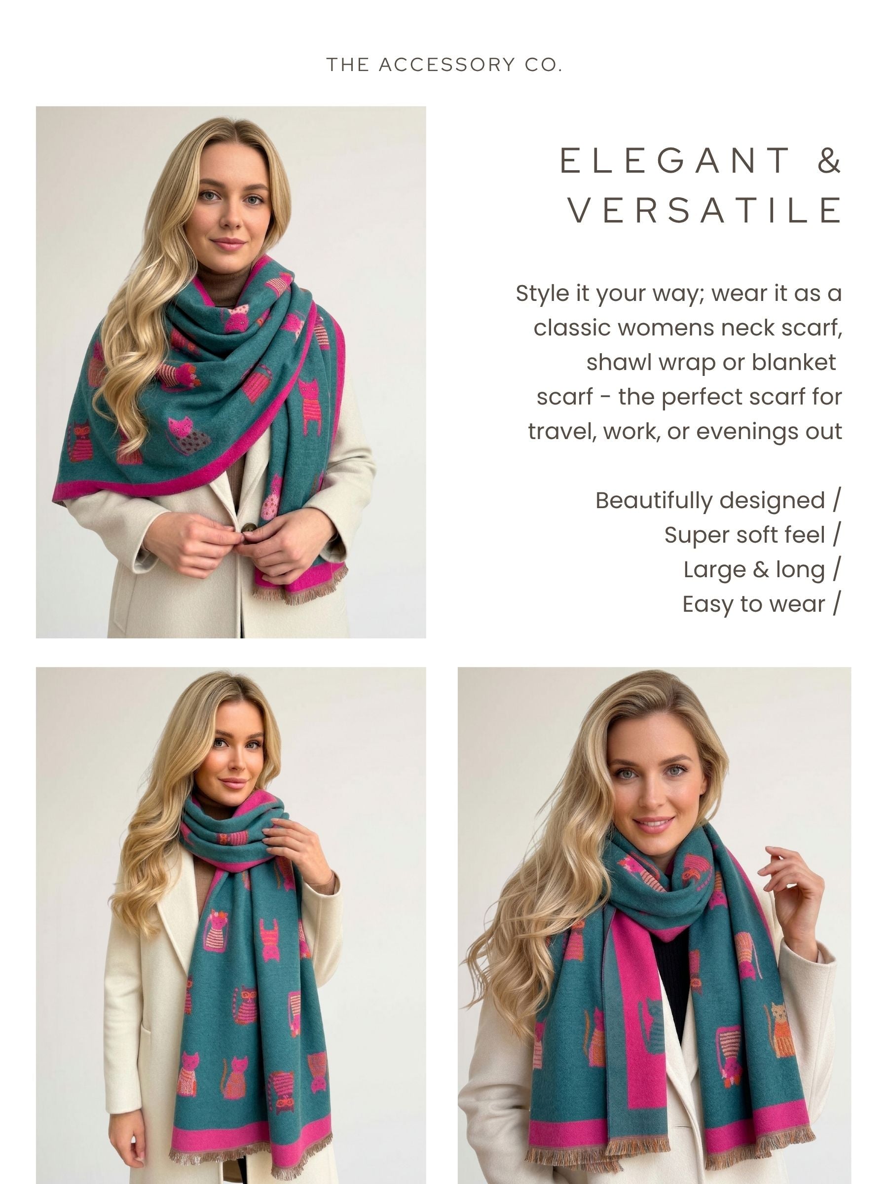 LARGE CASHMERE TEAL CAT PRINT REVERSIBLE WINTER SHAWL BLANKET SCARF