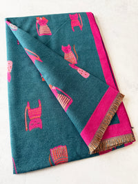 LARGE CASHMERE TEAL CAT PRINT REVERSIBLE WINTER SHAWL BLANKET SCARF