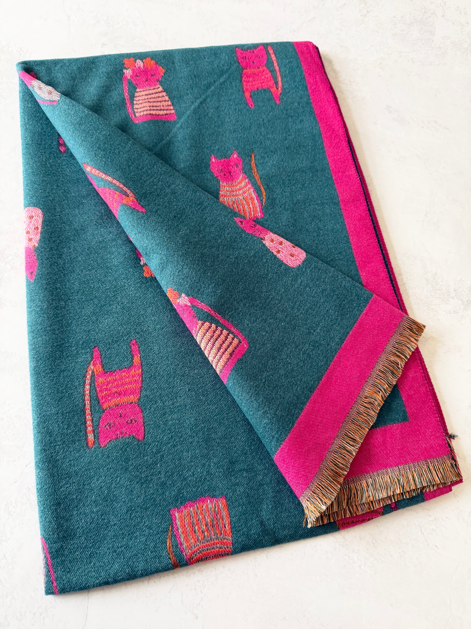 LARGE CASHMERE TEAL CAT PRINT REVERSIBLE WINTER SHAWL BLANKET SCARF