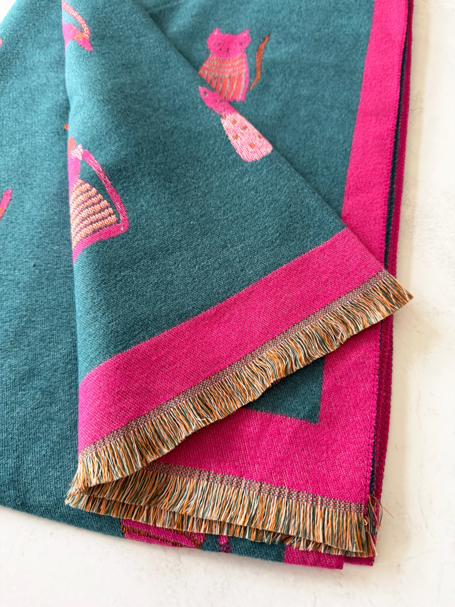 LARGE CASHMERE TEAL CAT PRINT REVERSIBLE WINTER SHAWL BLANKET SCARF