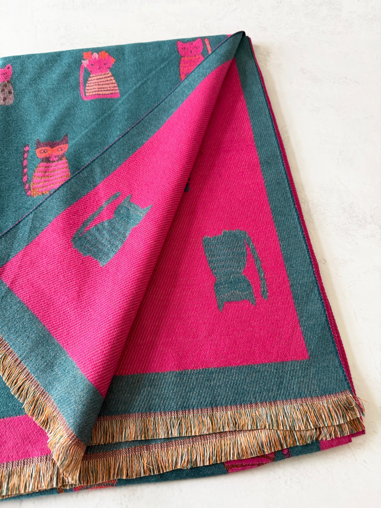 LARGE CASHMERE TEAL CAT PRINT REVERSIBLE WINTER SHAWL BLANKET SCARF