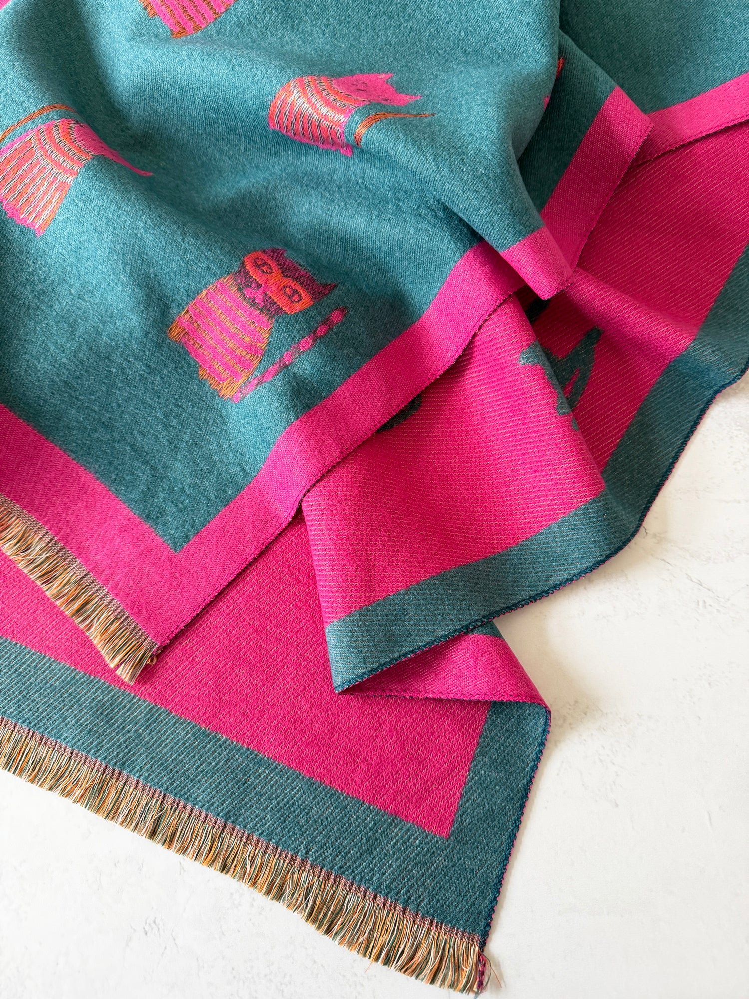 LARGE CASHMERE TEAL CAT PRINT REVERSIBLE WINTER SHAWL BLANKET SCARF