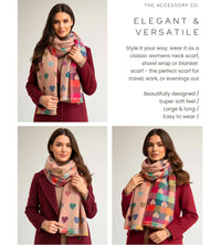 LARGE CHECKED HEART PRINT REVERSIBLE WINTER SHAWL BLANKET SCARF - PINK