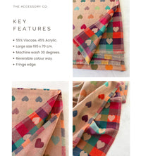 LARGE CHECKED HEART PRINT REVERSIBLE WINTER SHAWL BLANKET SCARF - PINK