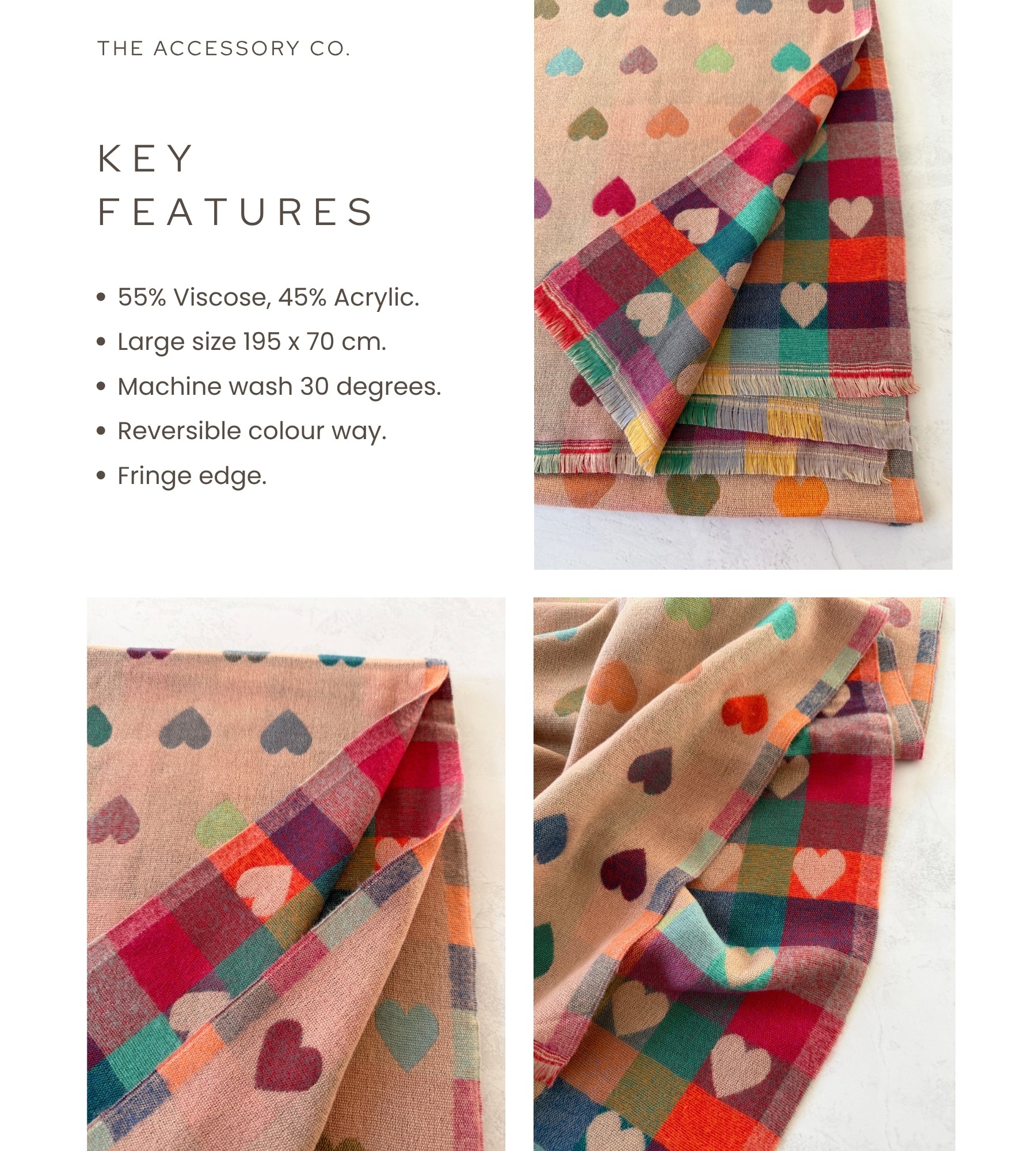 LARGE CHECKED HEART PRINT REVERSIBLE WINTER SHAWL BLANKET SCARF - PINK