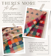 LARGE CHECKED HEART PRINT REVERSIBLE WINTER SHAWL BLANKET SCARF - PINK