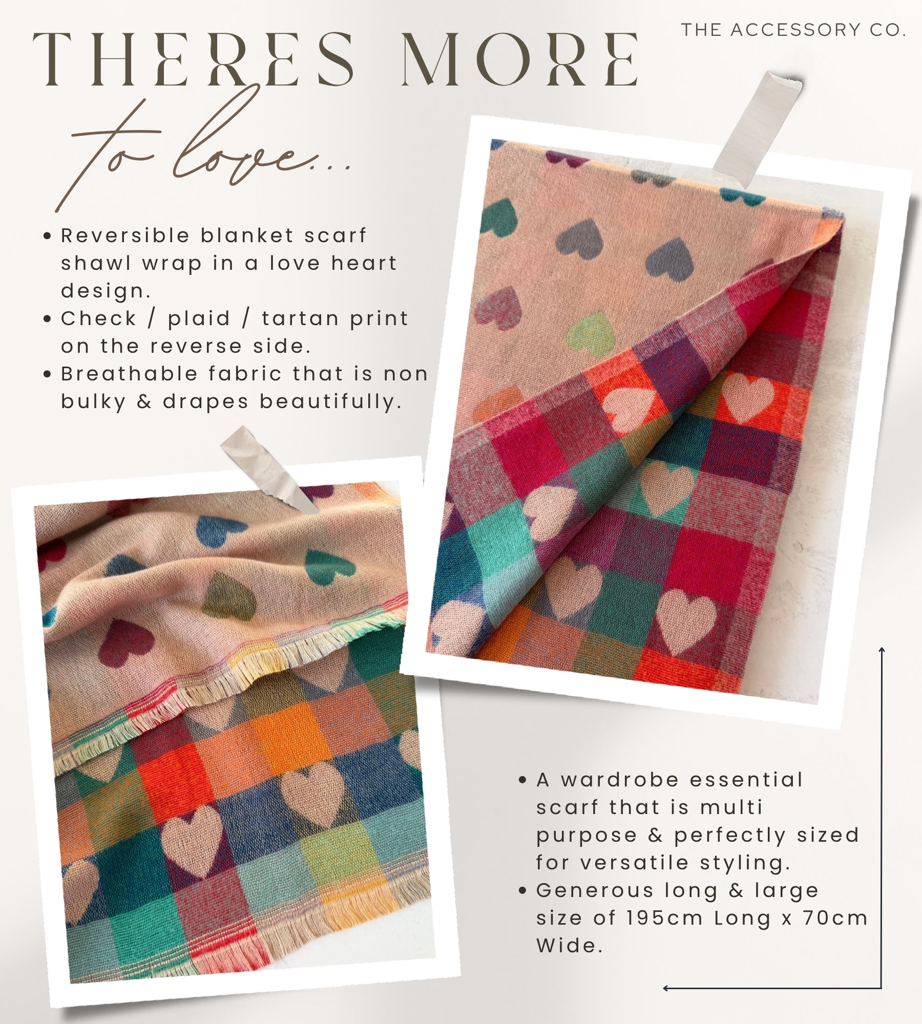 LARGE CHECKED HEART PRINT REVERSIBLE WINTER SHAWL BLANKET SCARF - PINK