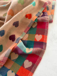 LARGE CHECKED HEART PRINT REVERSIBLE WINTER SHAWL BLANKET SCARF - PINK