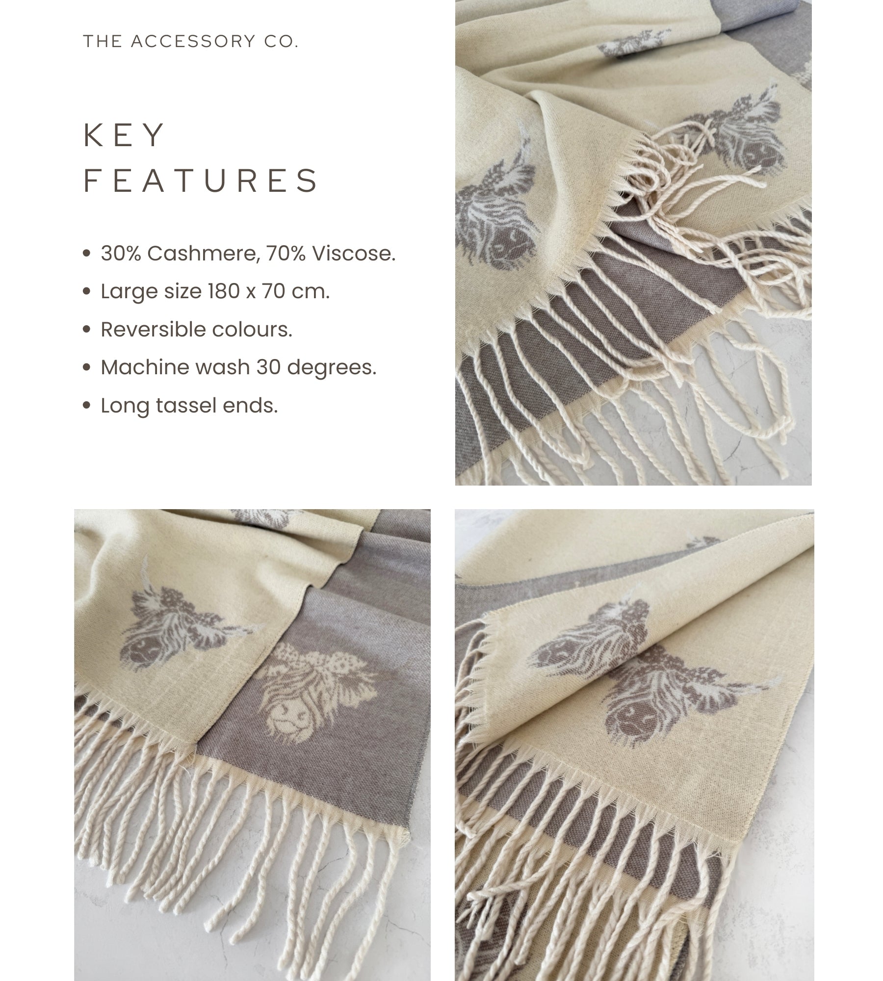 LARGE CREAM HIGHLAND COW CASHMERE REVERSIBLE SHAWL SCARF
