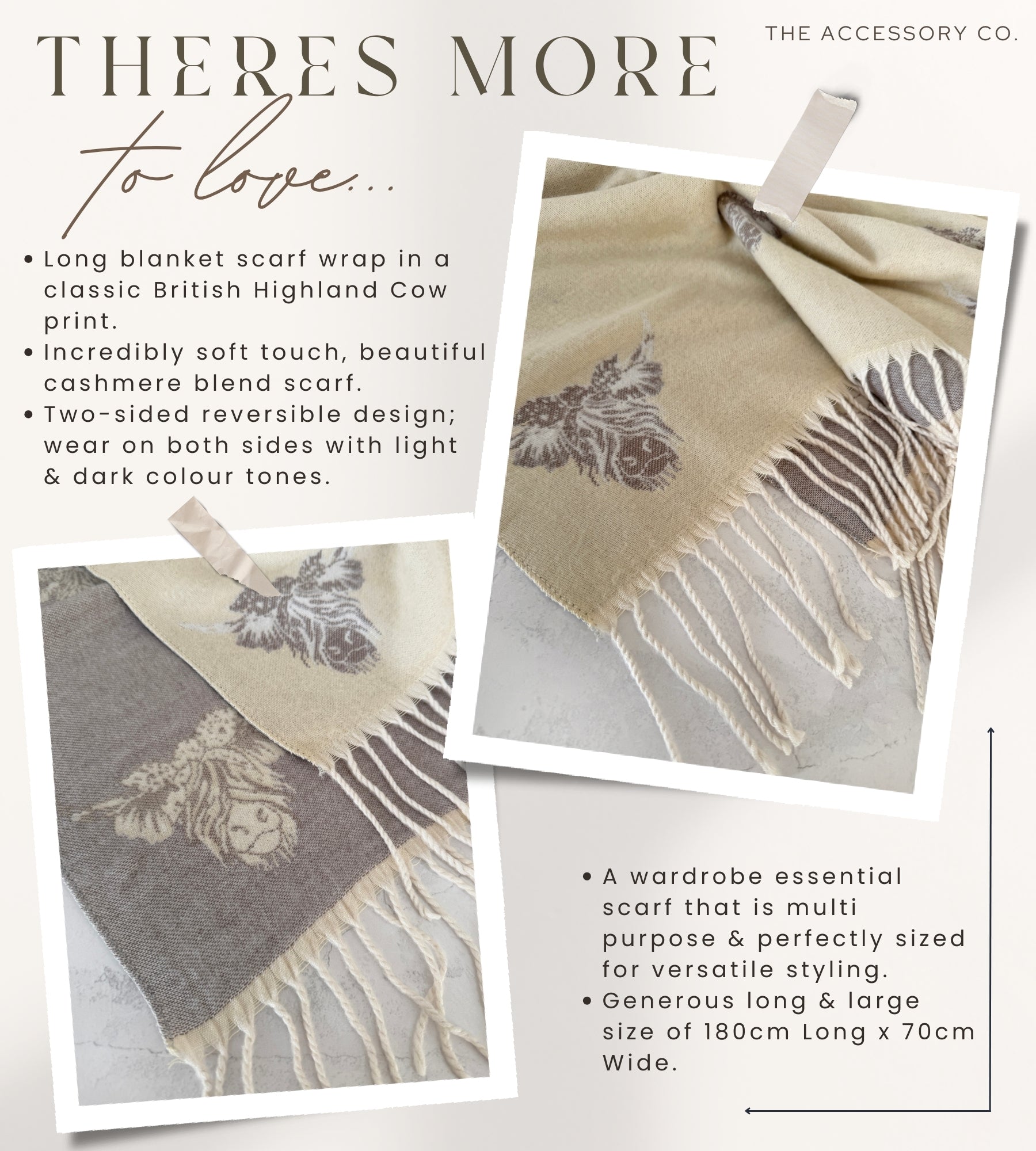LARGE CREAM HIGHLAND COW CASHMERE REVERSIBLE SHAWL SCARF