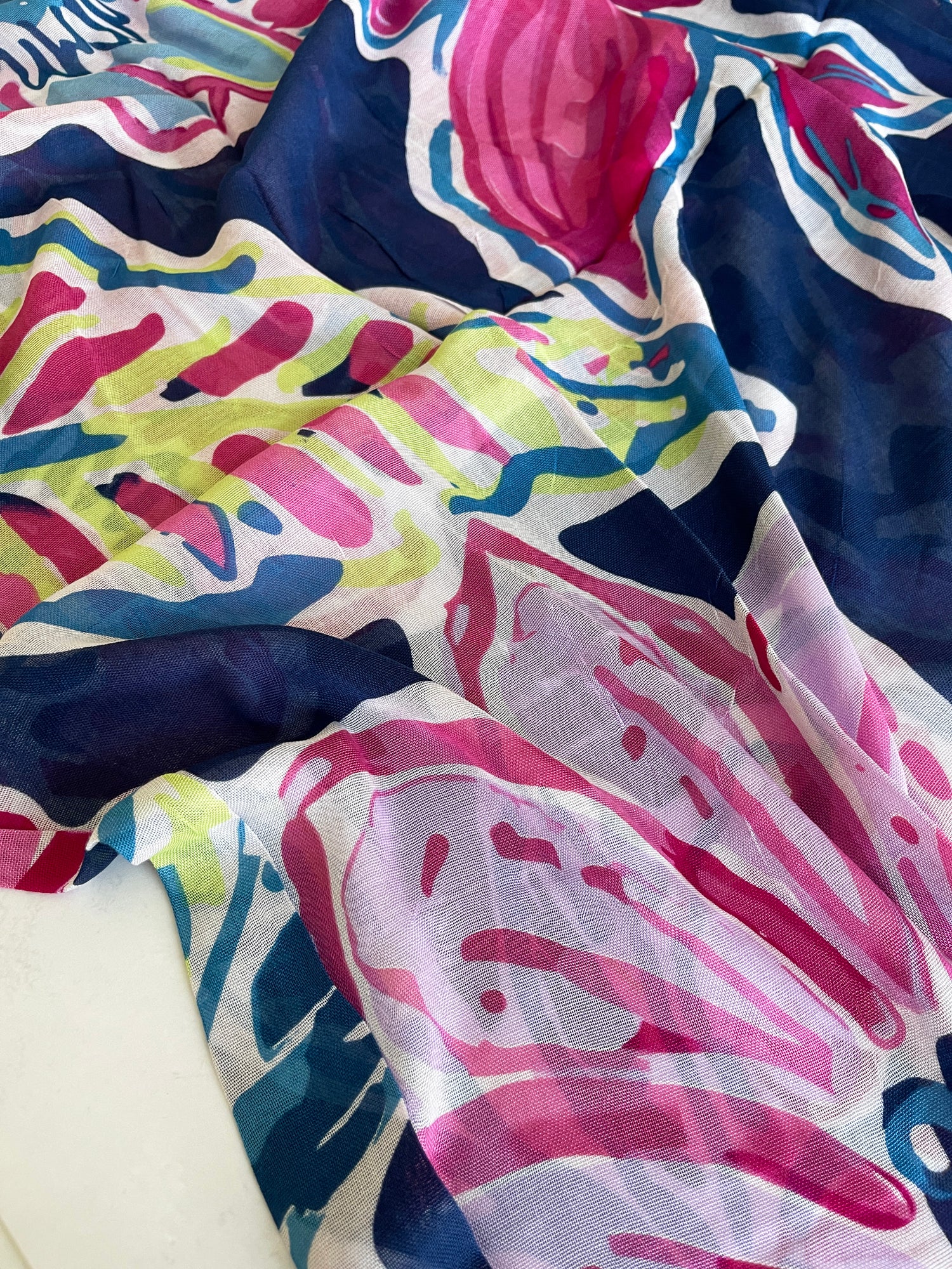 LARGE FUCHSIA NAVY BLUE BRIGHT FLORAL COTTON MIX SCARF