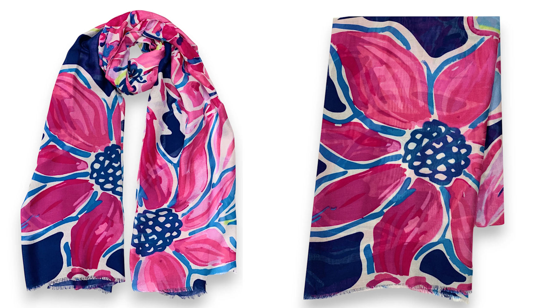 LARGE FUCHSIA NAVY BLUE BRIGHT FLORAL COTTON MIX SCARF
