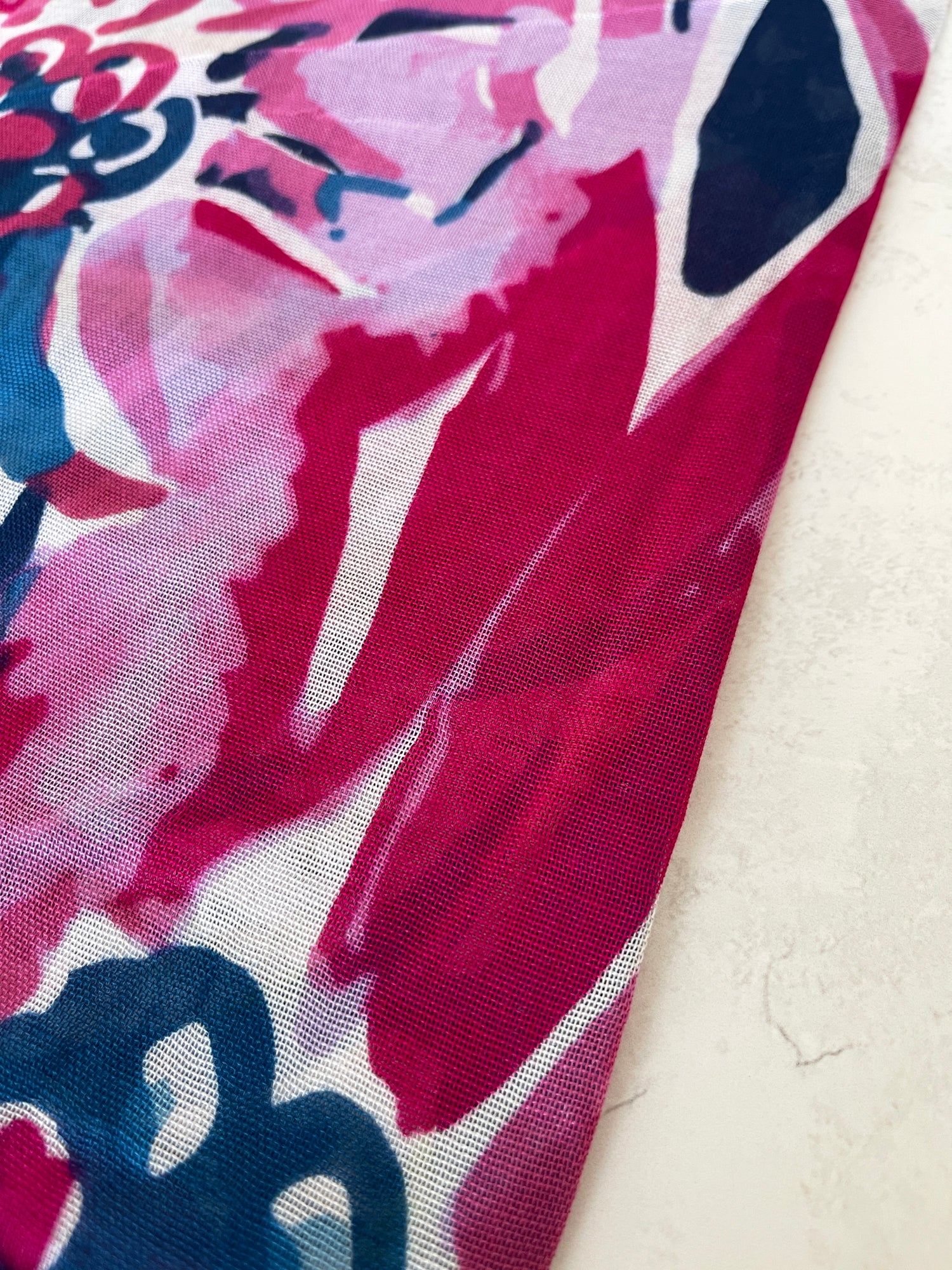 LARGE FUCHSIA NAVY BLUE BRIGHT FLORAL COTTON MIX SCARF