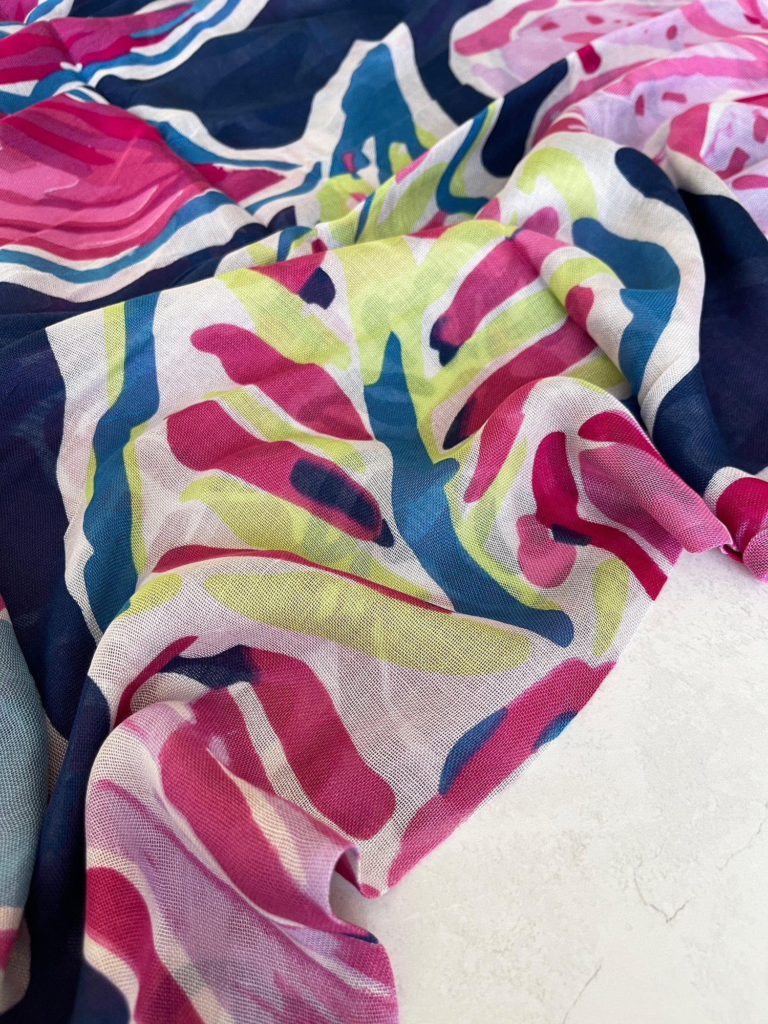 LARGE FUCHSIA NAVY BLUE BRIGHT FLORAL COTTON MIX SCARF