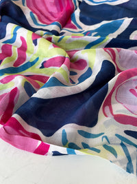LARGE FUCHSIA NAVY BLUE BRIGHT FLORAL COTTON MIX SCARF