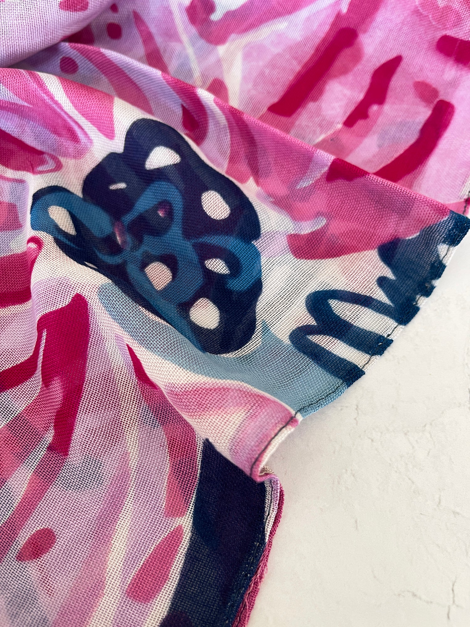 LARGE FUCHSIA NAVY BLUE BRIGHT FLORAL COTTON MIX SCARF