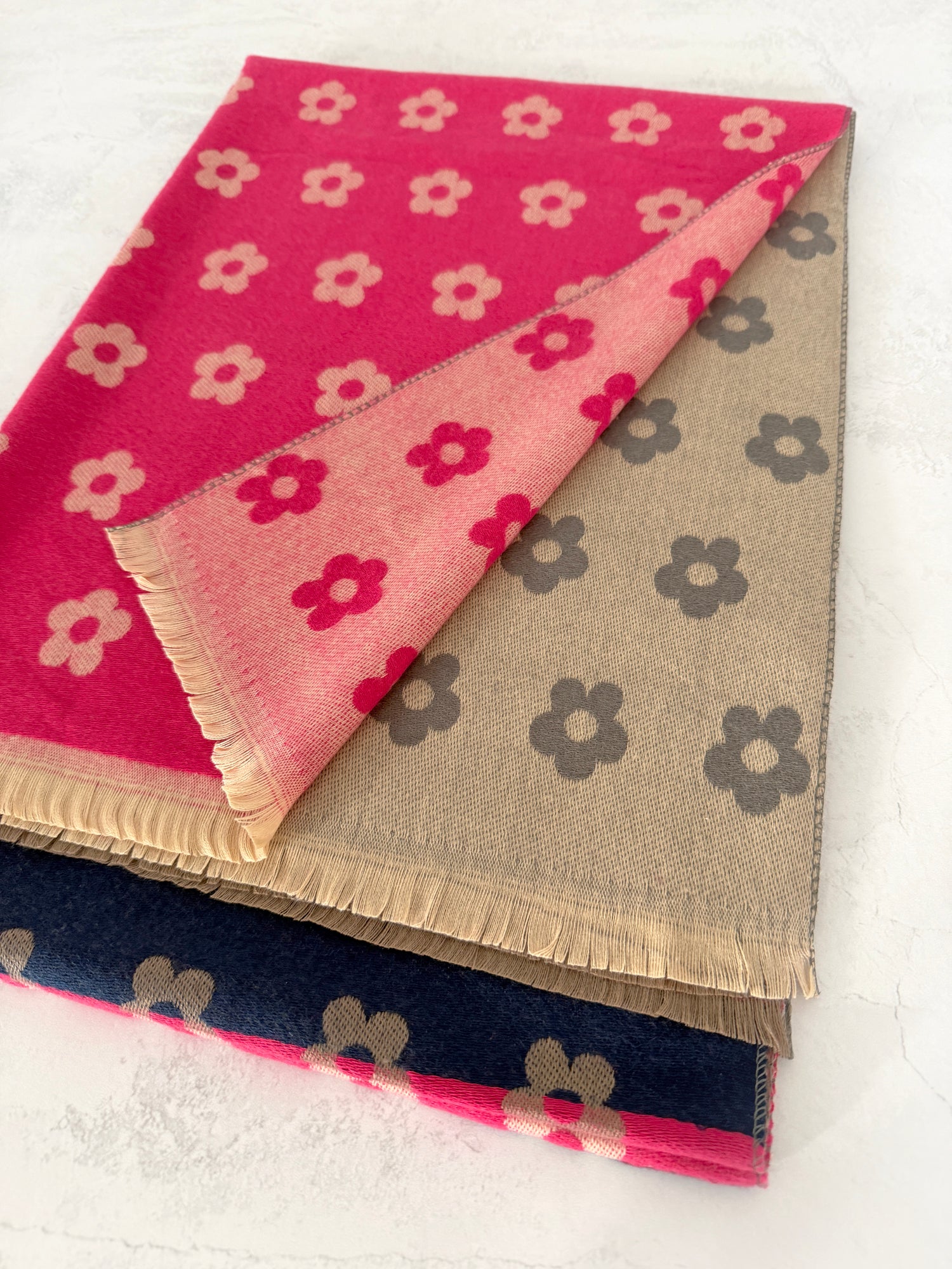 LARGE FUCHSIA PINK FLOWER PRINT REVERSIBLE WINTER SHAWL BLANKET SCARF