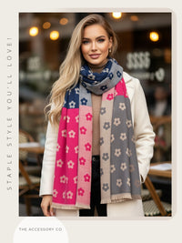 LARGE FUCHSIA PINK FLOWER PRINT REVERSIBLE WINTER SHAWL BLANKET SCARF