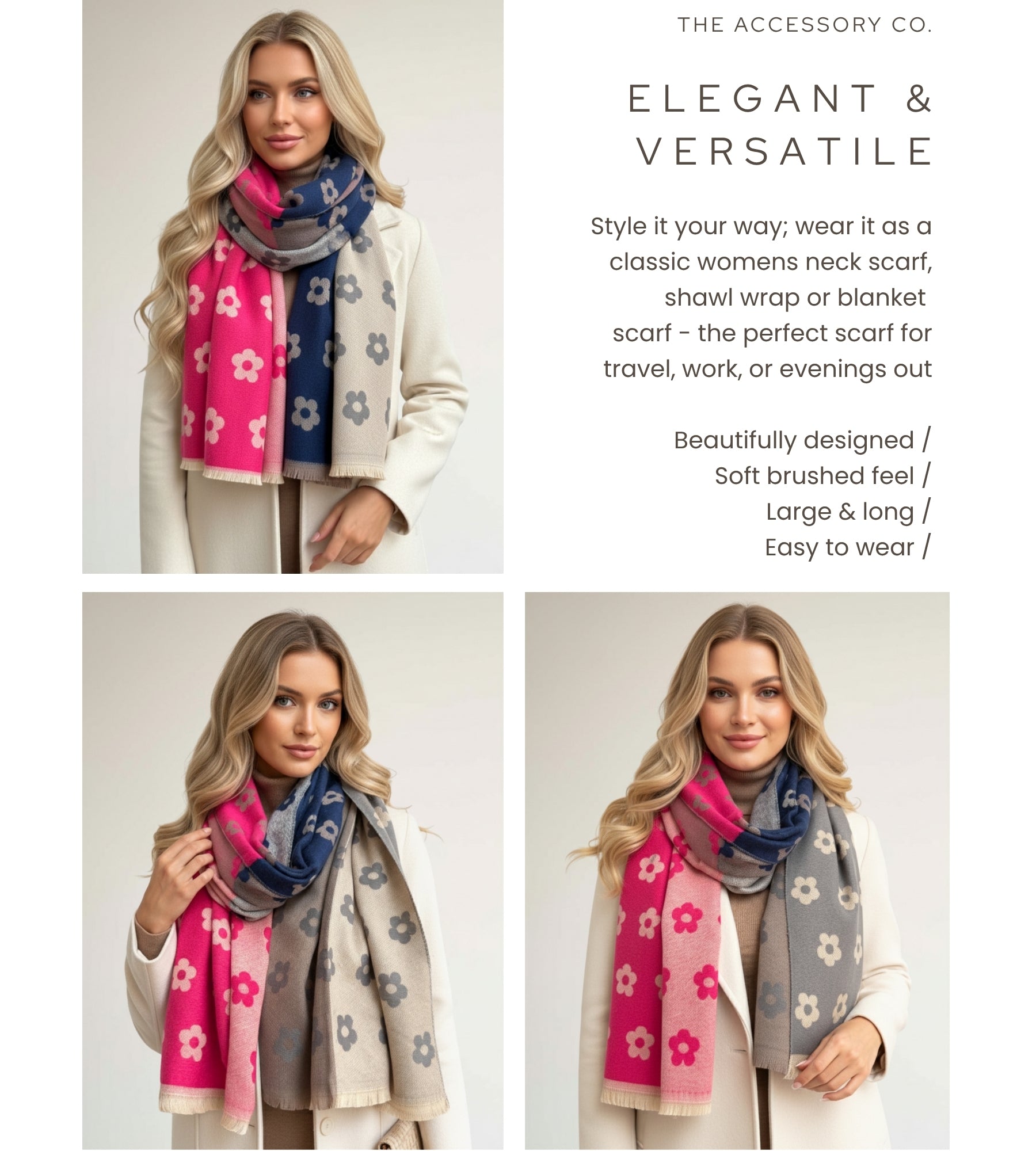 LARGE FUCHSIA PINK FLOWER PRINT REVERSIBLE WINTER SHAWL BLANKET SCARF