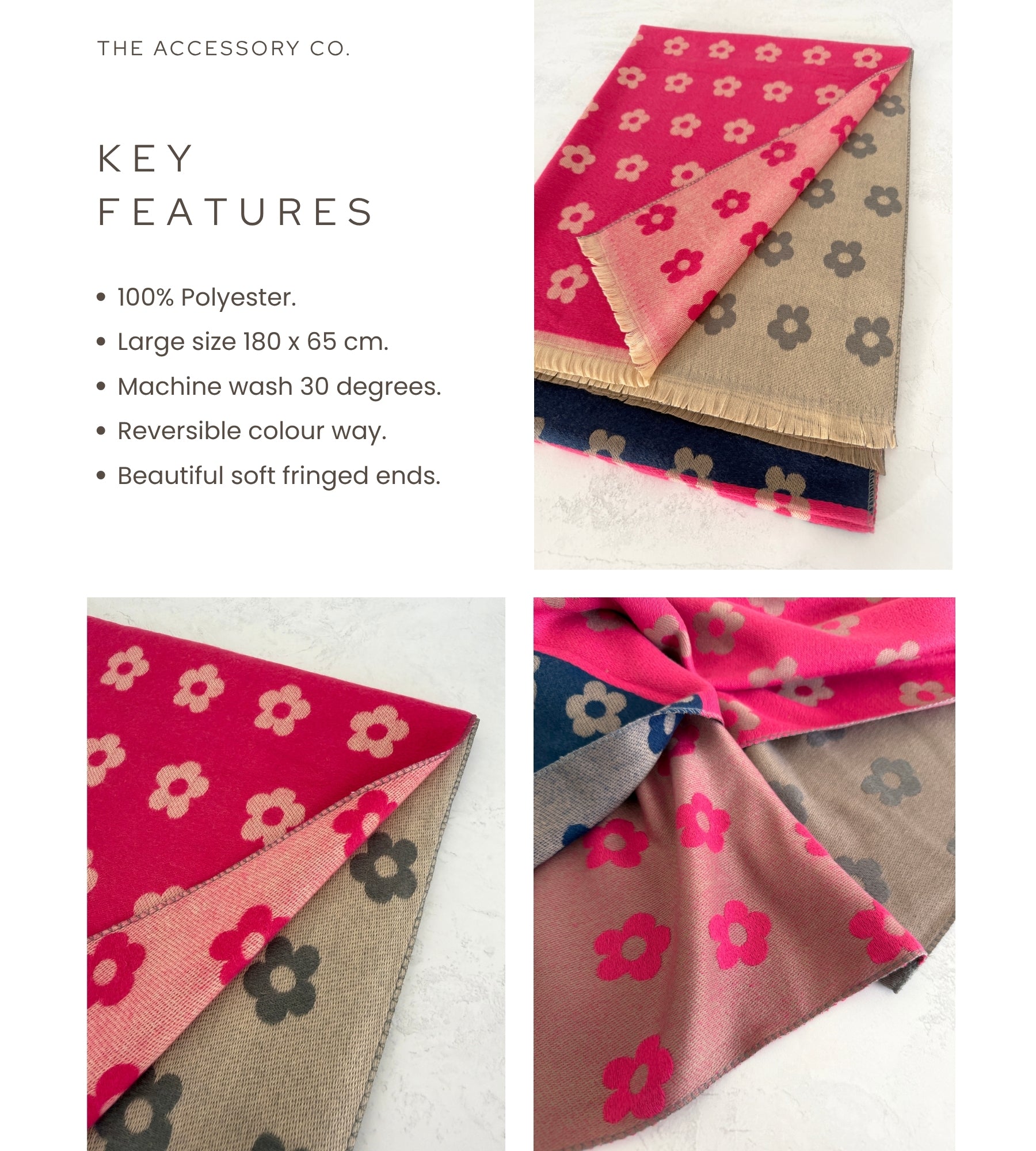 LARGE FUCHSIA PINK FLOWER PRINT REVERSIBLE WINTER SHAWL BLANKET SCARF