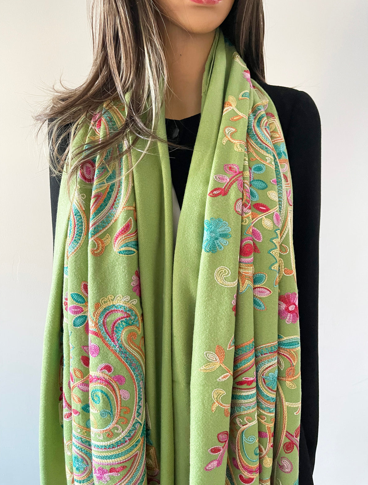 Green Colourful Paisley Cashmere Cotton Blend Winter Shawl Blanket Scarf