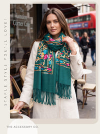 LARGE GREEN FLOWER PRINT CASHMERE COTTON BLEND WINTER SHAWL BLANKET SCARF