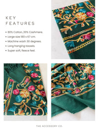 LARGE GREEN FLOWER PRINT CASHMERE COTTON BLEND WINTER SHAWL BLANKET SCARF