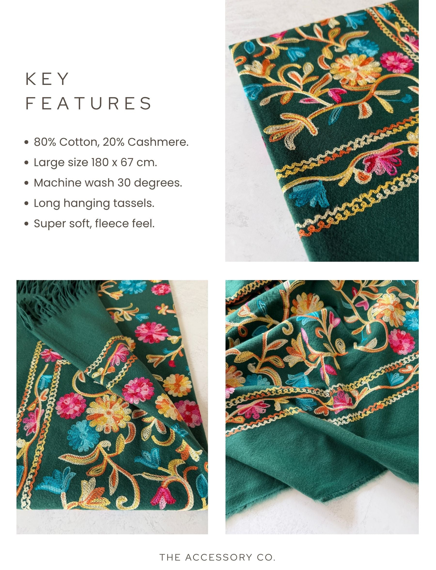 LARGE GREEN FLOWER PRINT CASHMERE COTTON BLEND WINTER SHAWL BLANKET SCARF