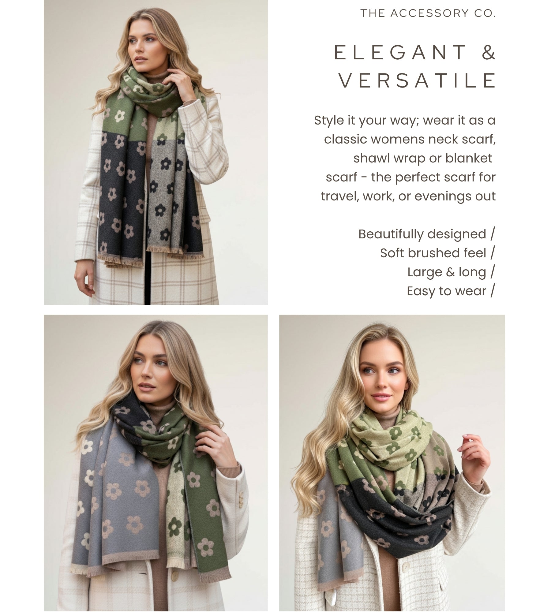 LARGE GREEN FLOWER PRINT REVERSIBLE WINTER SHAWL BLANKET SCARF