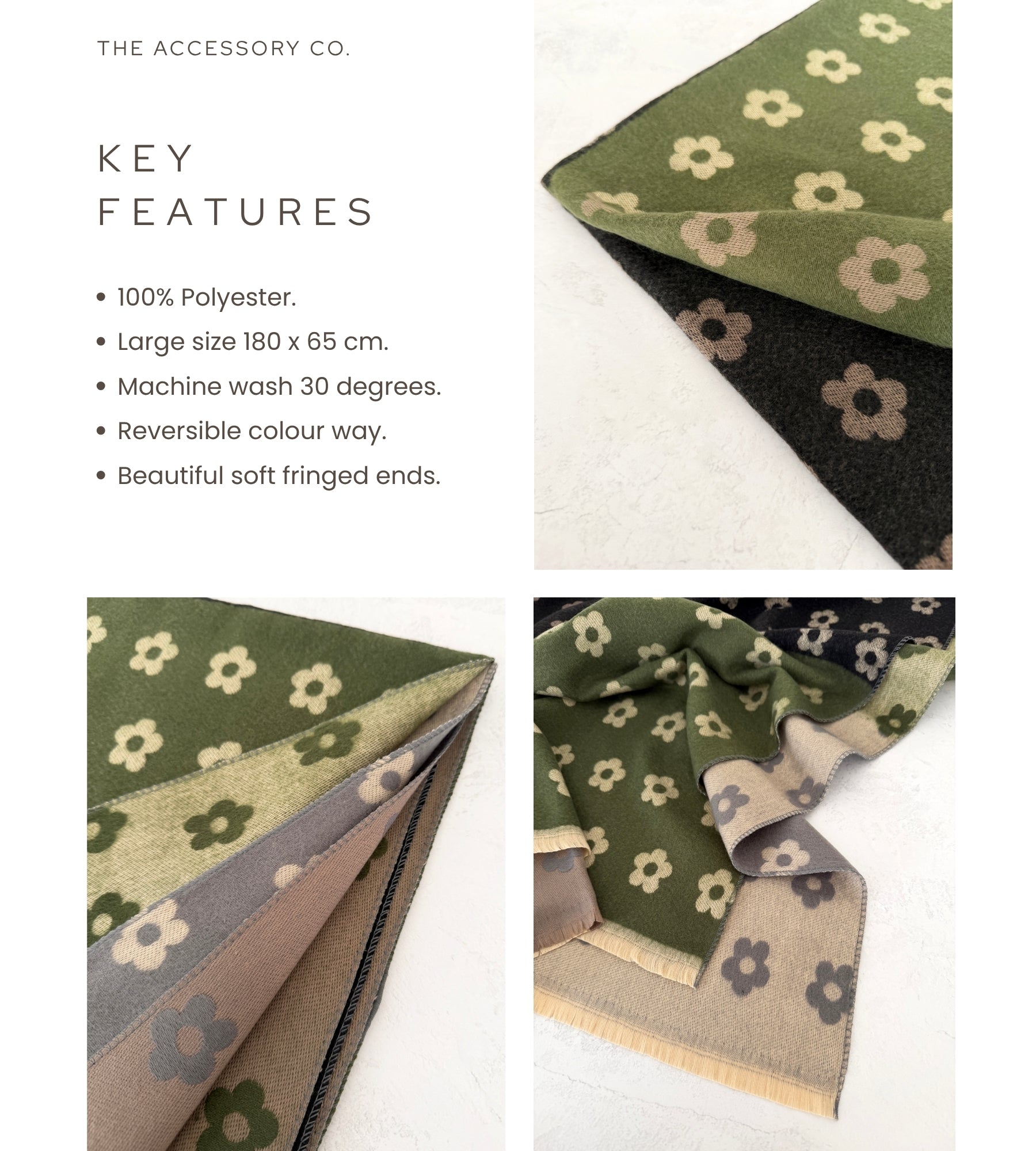 LARGE GREEN FLOWER PRINT REVERSIBLE WINTER SHAWL BLANKET SCARF