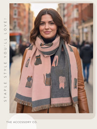 LARGE CASHMERE PINK/GREY CAT PRINT REVERSIBLE WINTER SHAWL BLANKET SCARF