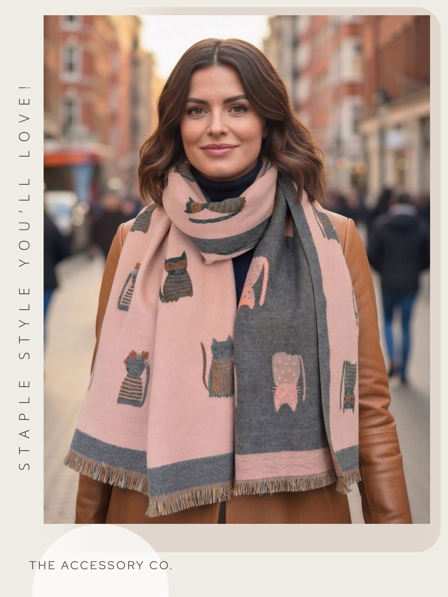 LARGE CASHMERE PINK/GREY CAT PRINT REVERSIBLE WINTER SHAWL BLANKET SCARF