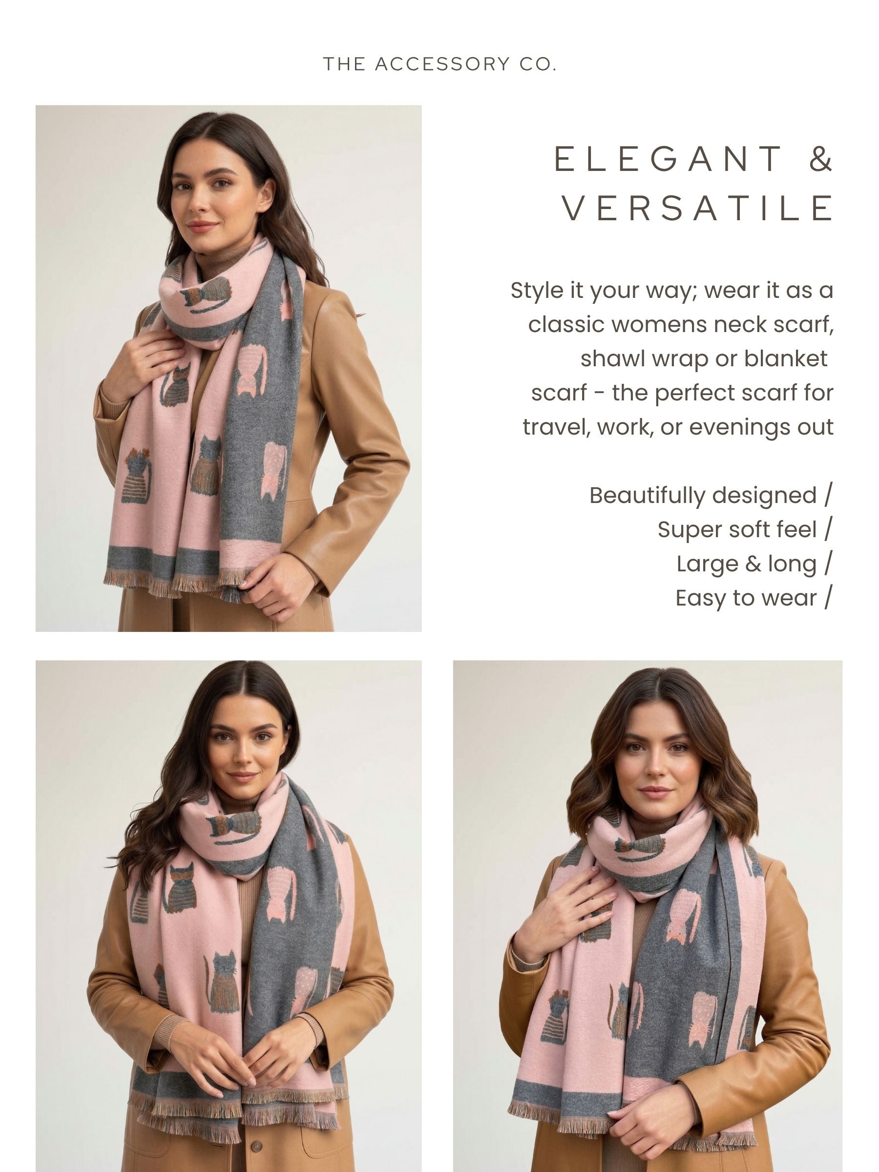 LARGE CASHMERE PINK/GREY CAT PRINT REVERSIBLE WINTER SHAWL BLANKET SCARF