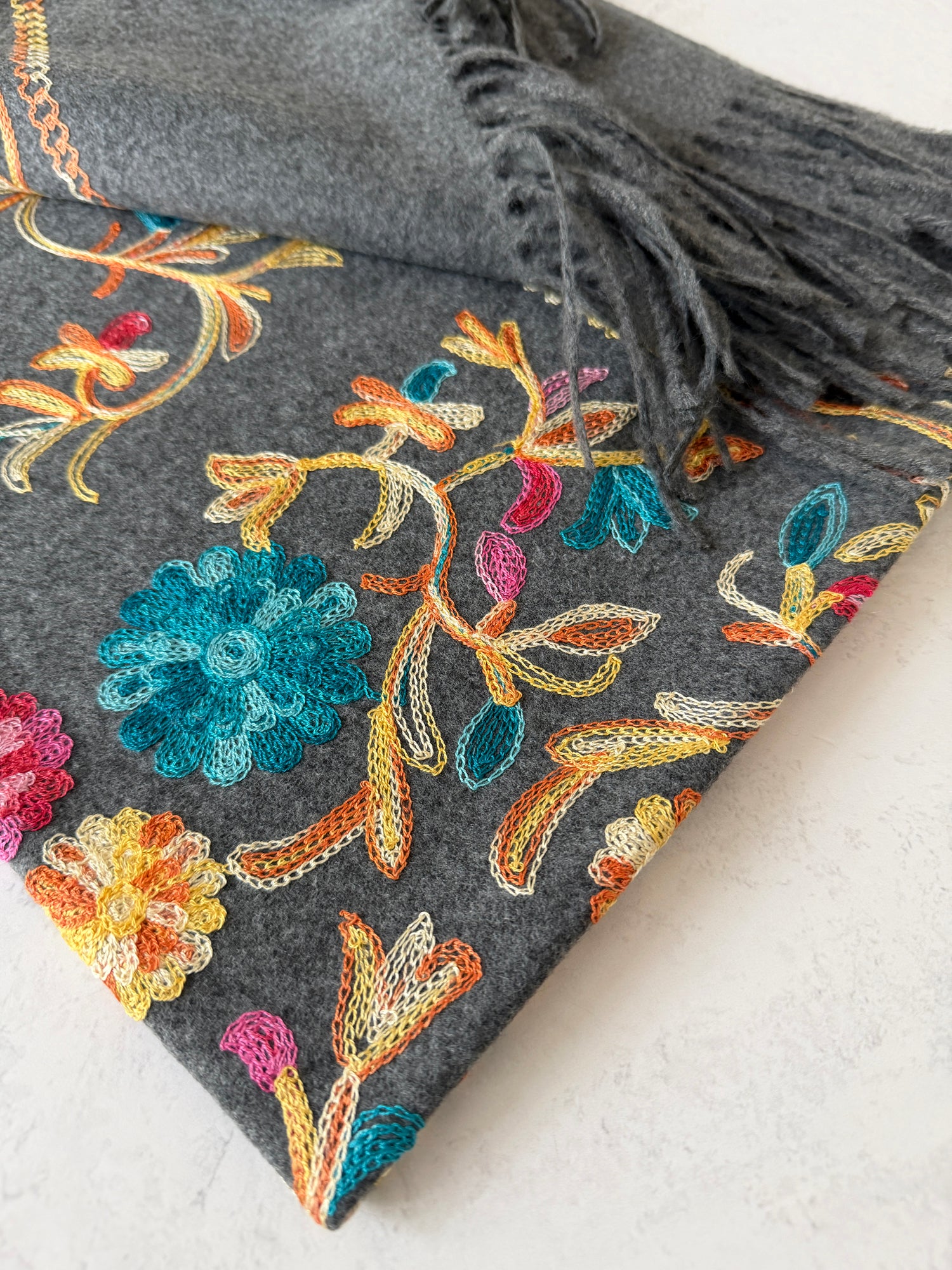 LARGE GREY FLOWER PRINT CASHMERE COTTON BLEND WINTER SHAWL BLANKET SCARF