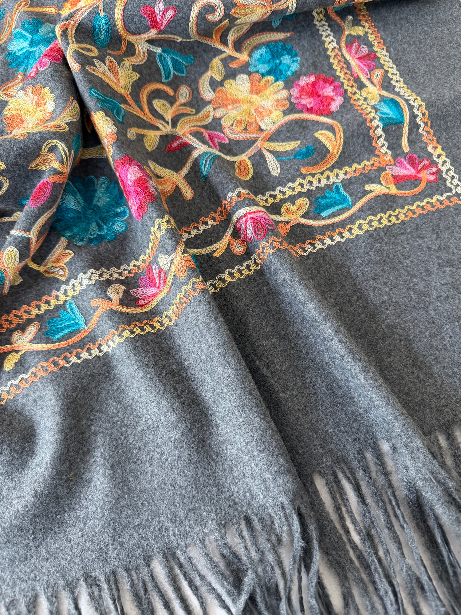 LARGE GREY FLOWER PRINT CASHMERE COTTON BLEND WINTER SHAWL BLANKET SCARF