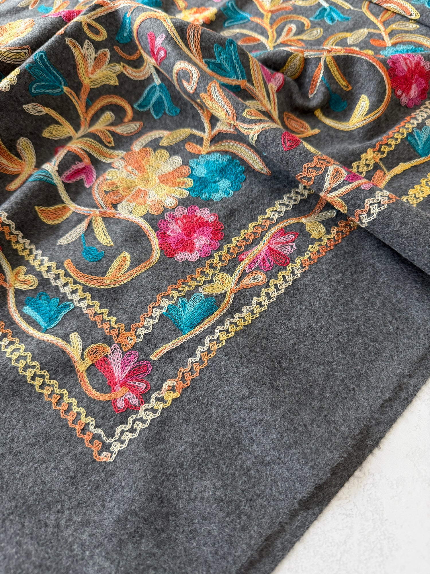 LARGE GREY FLOWER PRINT CASHMERE COTTON BLEND WINTER SHAWL BLANKET SCARF