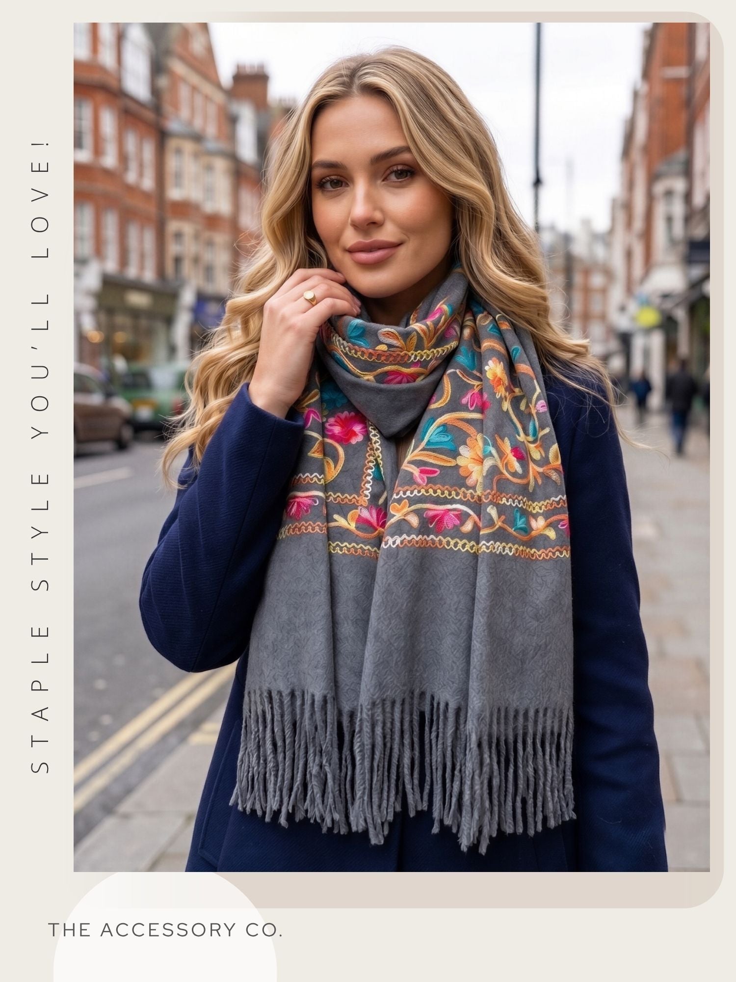 LARGE GREY FLOWER PRINT CASHMERE COTTON BLEND WINTER SHAWL BLANKET SCARF