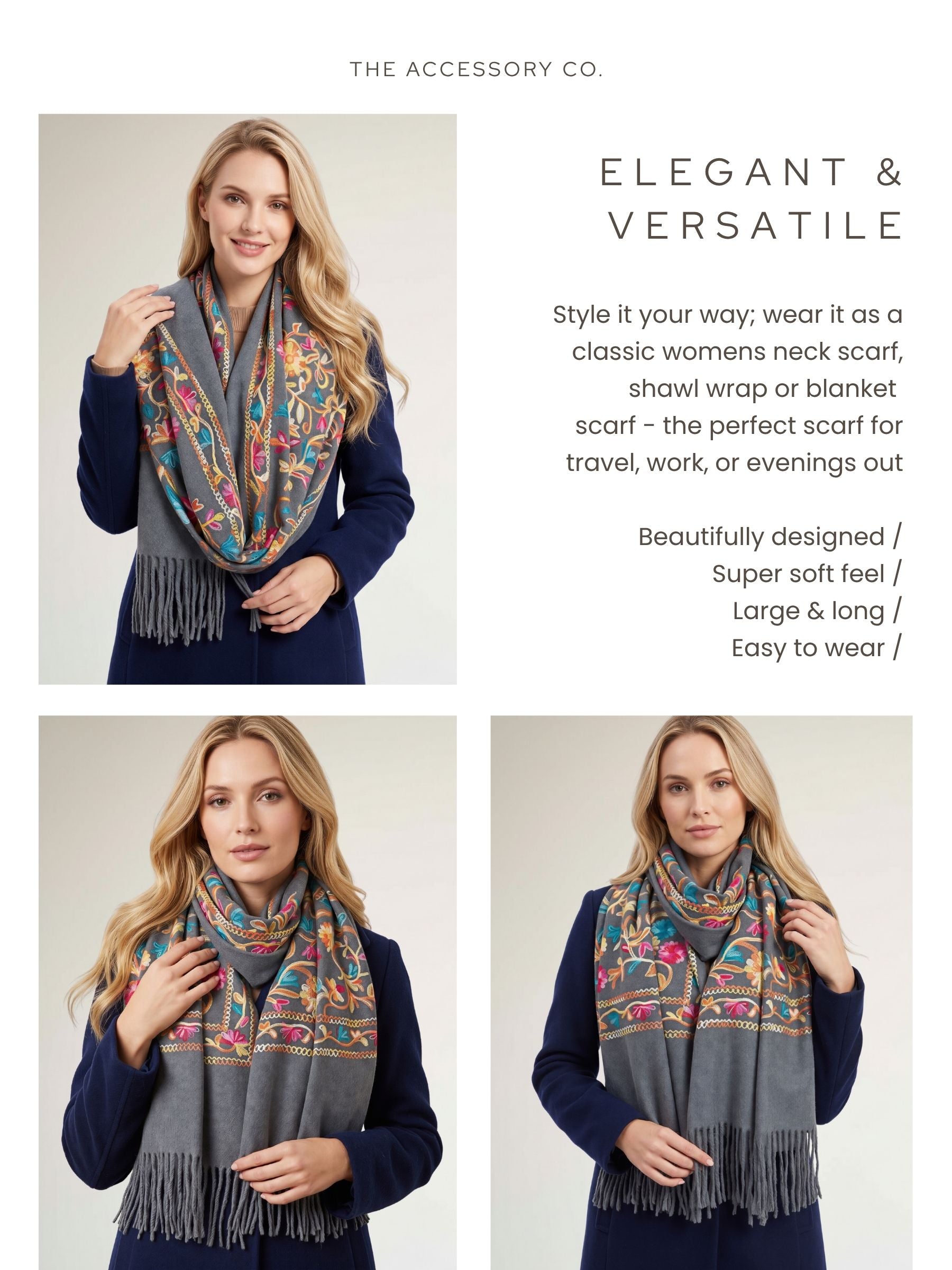 LARGE GREY FLOWER PRINT CASHMERE COTTON BLEND WINTER SHAWL BLANKET SCARF