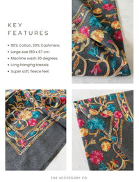 LARGE GREY FLOWER PRINT CASHMERE COTTON BLEND WINTER SHAWL BLANKET SCARF