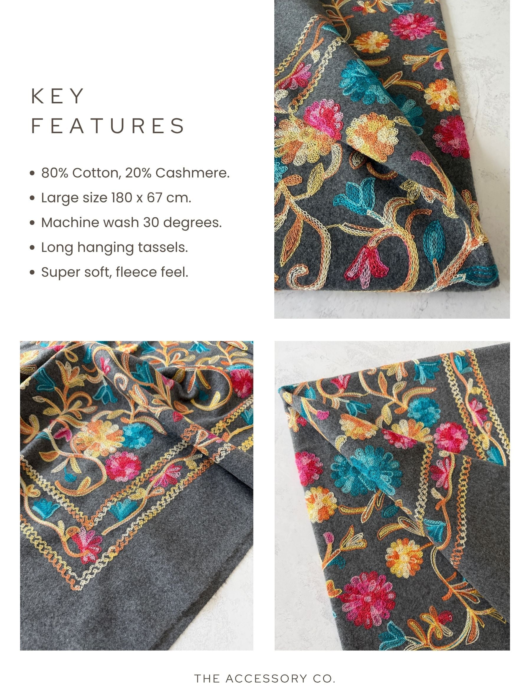 LARGE GREY FLOWER PRINT CASHMERE COTTON BLEND WINTER SHAWL BLANKET SCARF
