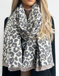 LARGE GREY LEOPARD PRINT REVERSIBLE WINTER SHAWL BLANKET SCARF